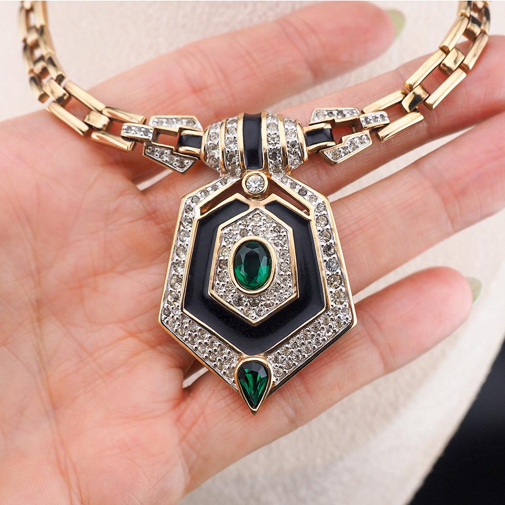 Panetta Rhinestone Necklace, Faux Emerald Necklace, Black Enamel Necklace, Art Deco Revival Necklace, Gold Tone Necklace, Vintage Panetta