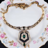 Panetta Rhinestone Necklace, Faux Emerald Necklace, Black Enamel Necklace, Art Deco Revival Necklace, Gold Tone Necklace, Vintage Panetta