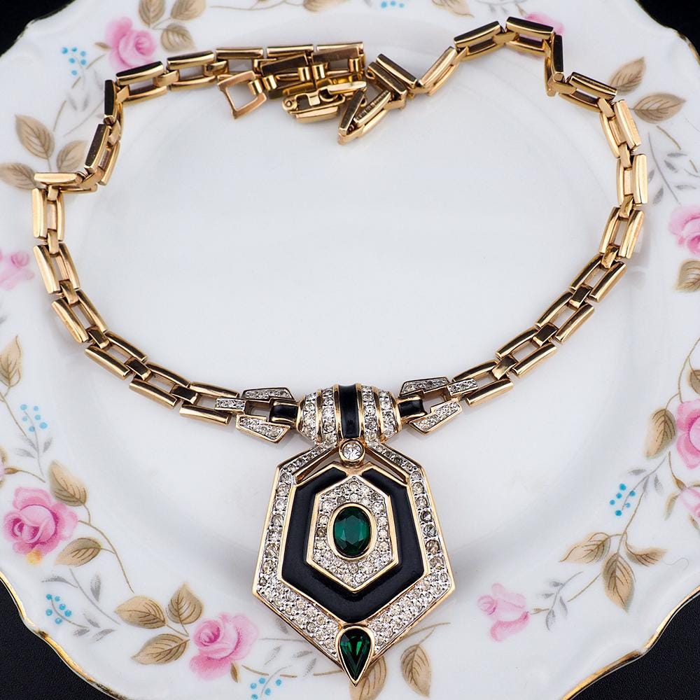 Panetta Rhinestone Necklace, Faux Emerald Necklace, Black Enamel Necklace, Art Deco Revival Necklace, Gold Tone Necklace, Vintage Panetta