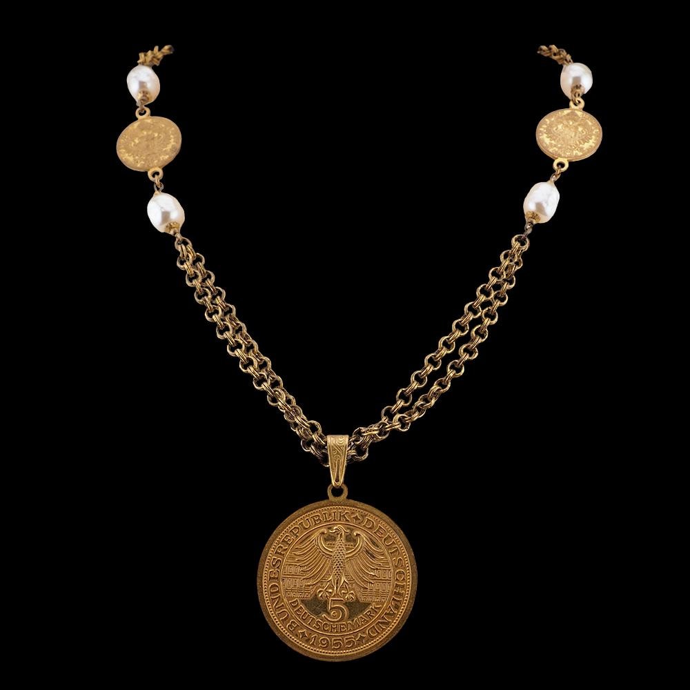 Miriam Haskell Coin Necklace, Vintage Necklace, Long Necklace, Coin Medallion Necklace, Gold Tone Chain Necklace, Signed Haskell necklace