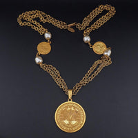 Miriam Haskell Coin Necklace, Vintage Necklace, Long Necklace, Coin Medallion Necklace, Gold Tone Chain Necklace, Signed Haskell necklace