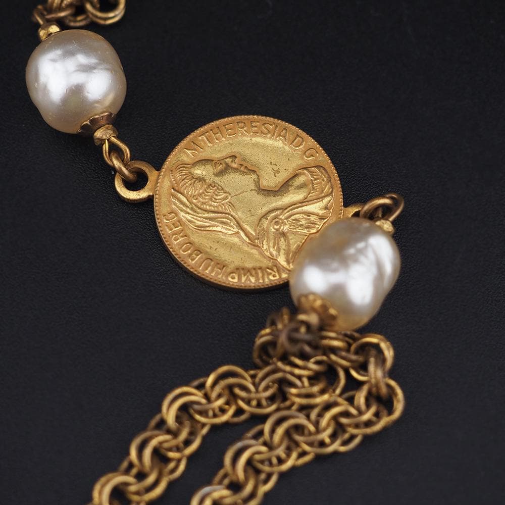 Miriam Haskell Coin Necklace, Vintage Necklace, Long Necklace, Coin Medallion Necklace, Gold Tone Chain Necklace, Signed Haskell necklace