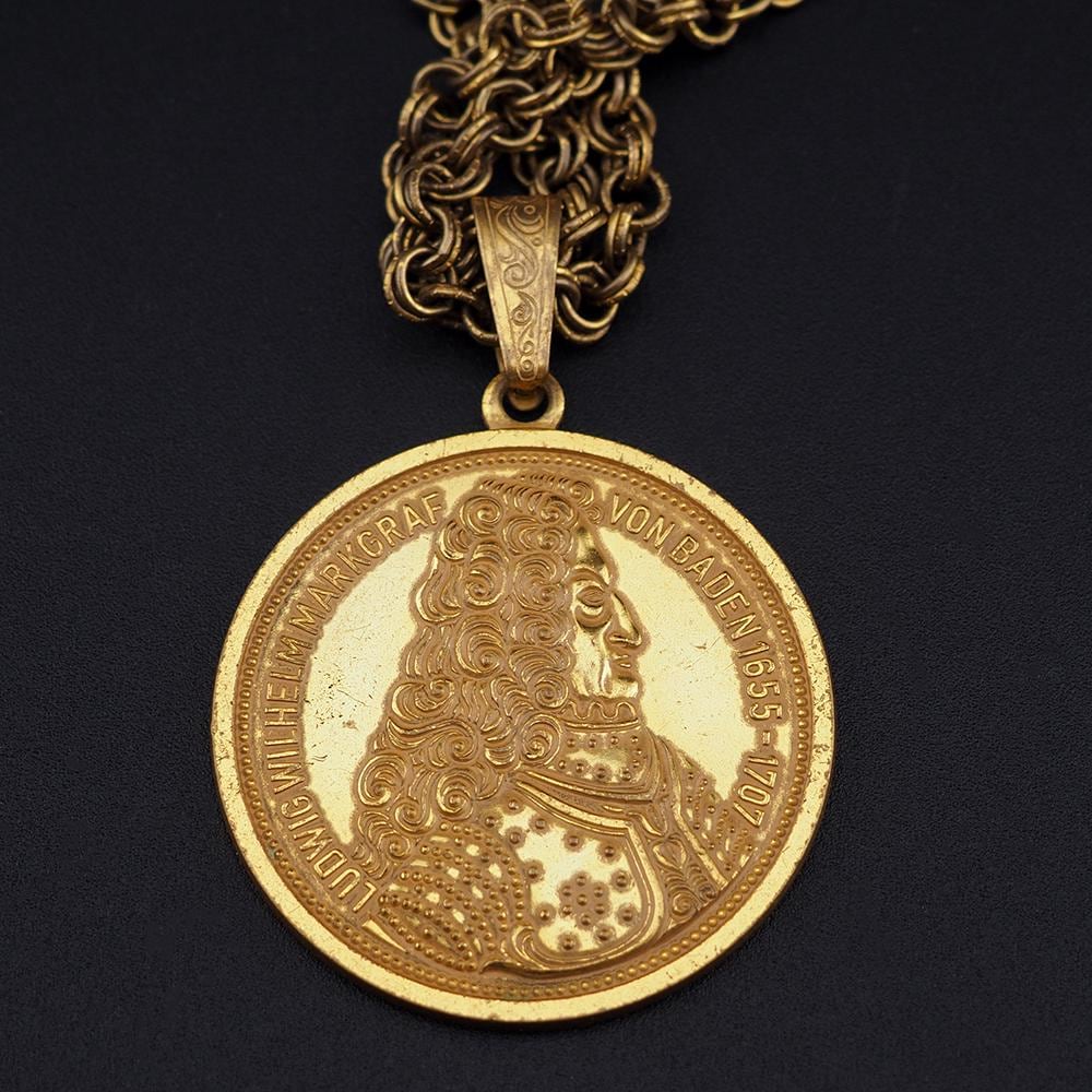 Miriam Haskell Coin Necklace, Vintage Necklace, Long Necklace, Coin Medallion Necklace, Gold Tone Chain Necklace, Signed Haskell necklace