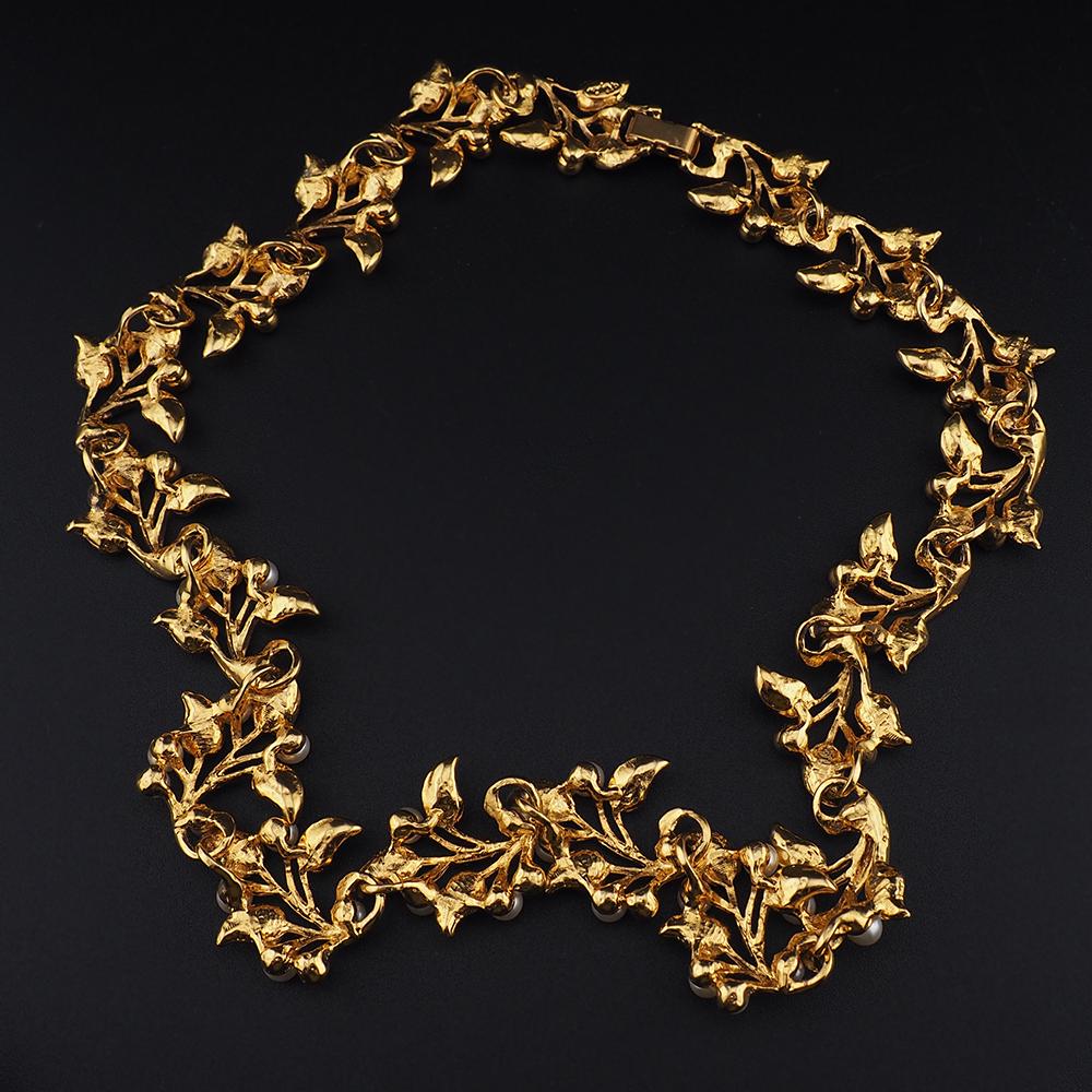 Napier Gold Tone Leaf And Faux Pearl Necklace, Textured Botanical Collar, Sculptural Vine Link Necklace, Vintage Napier, Bridal Necklace