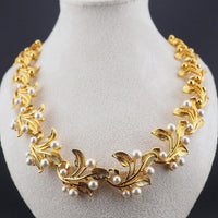 Napier Gold Tone Leaf And Faux Pearl Necklace, Textured Botanical Collar, Sculptural Vine Link Necklace, Vintage Napier, Bridal Necklace