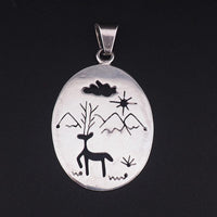 Mexican Sterling Silver Deer Pendant, Vintage Mexico Landscape Pendant, Double Sided Sterling Pendant, Folk Art Nature Jewelry, 925 Pendant
