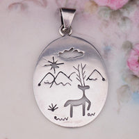 Mexican Sterling Silver Deer Pendant, Vintage Mexico Landscape Pendant, Double Sided Sterling Pendant, Folk Art Nature Jewelry, 925 Pendant