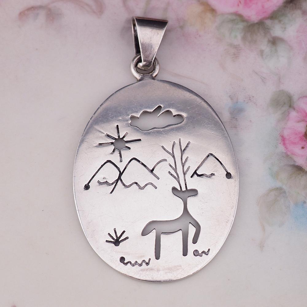 Mexican Sterling Silver Deer Pendant, Vintage Mexico Landscape Pendant, Double Sided Sterling Pendant, Folk Art Nature Jewelry, 925 Pendant