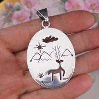 Mexican Sterling Silver Deer Pendant, Vintage Mexico Landscape Pendant, Double Sided Sterling Pendant, Folk Art Nature Jewelry, 925 Pendant