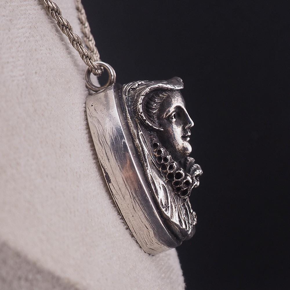Henryk Winograd Mary Queen of Scots Sterling Silver Oval Portrait Pendant, 999 Silver, High Relief Repoussé, Silver Pendant, PENDANT ONLY
