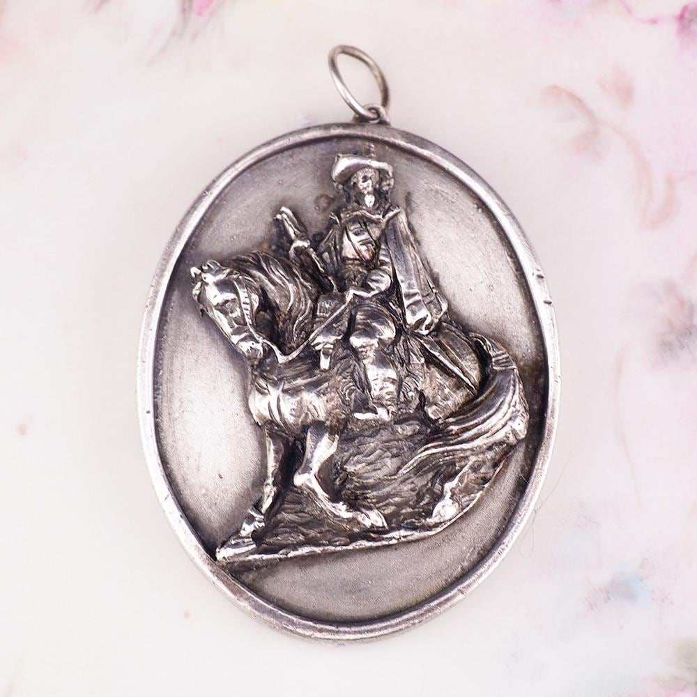 Henryk Winograd Cavalier Horseman, Silver Oval Portrait Pendant, High Relief Repoussé, Silver Pendant, Large Vintage Pendant, Equestrian