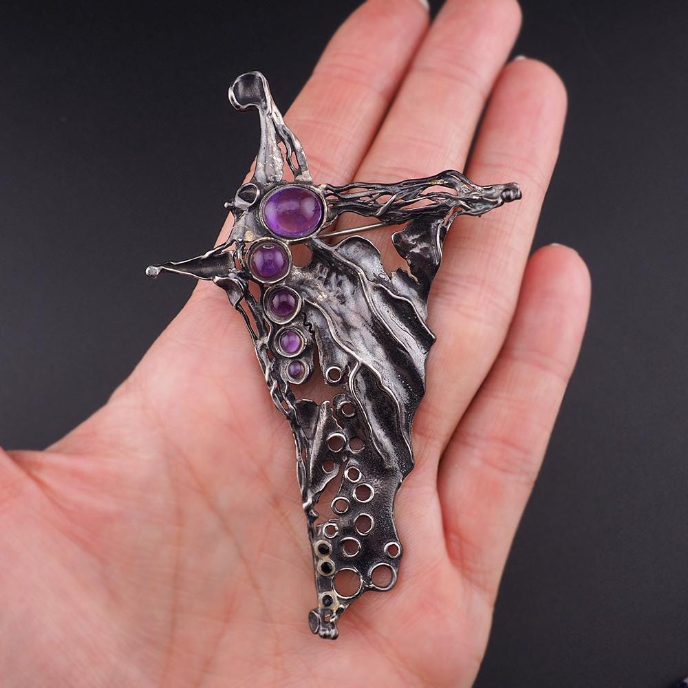 Dramatic Modernist Brooch - Porans Sterling Silver Amethyst - Bold Abstract Israeli Statement Pin