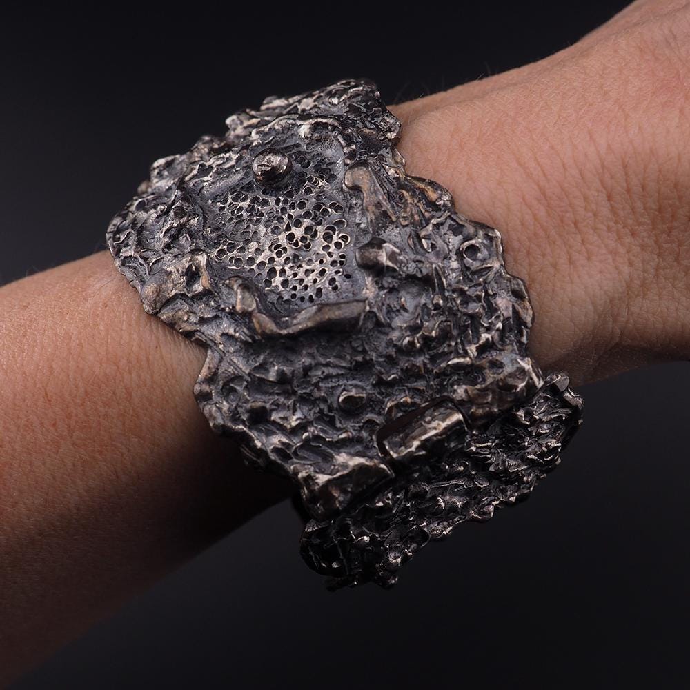 Vintage Guy Vidal Brutalist Pewter Wide Bracelet - Wild Organic Textured Modernist Statement Wrist Piece, Midcentury Canadian Jewelry
