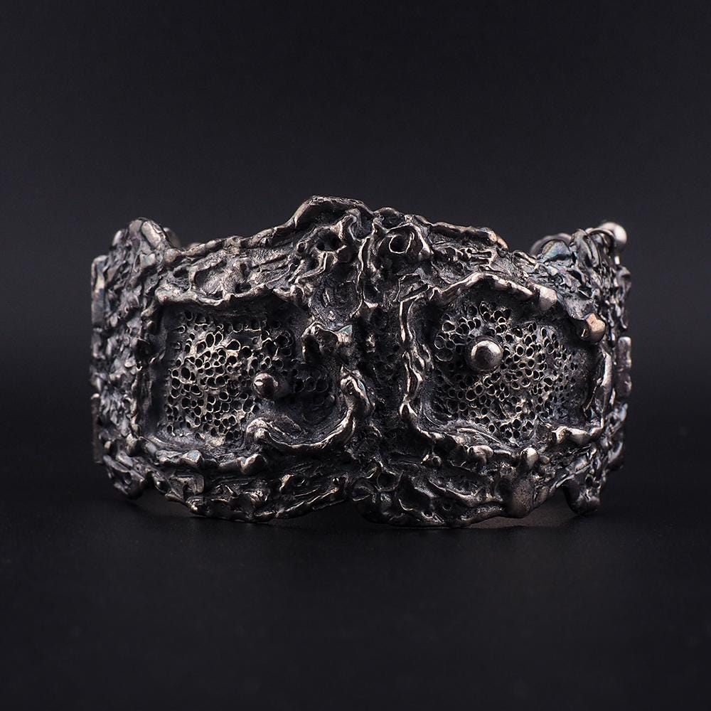 Vintage Guy Vidal Brutalist Pewter Wide Bracelet - Wild Organic Textured Modernist Statement Wrist Piece, Midcentury Canadian Jewelry