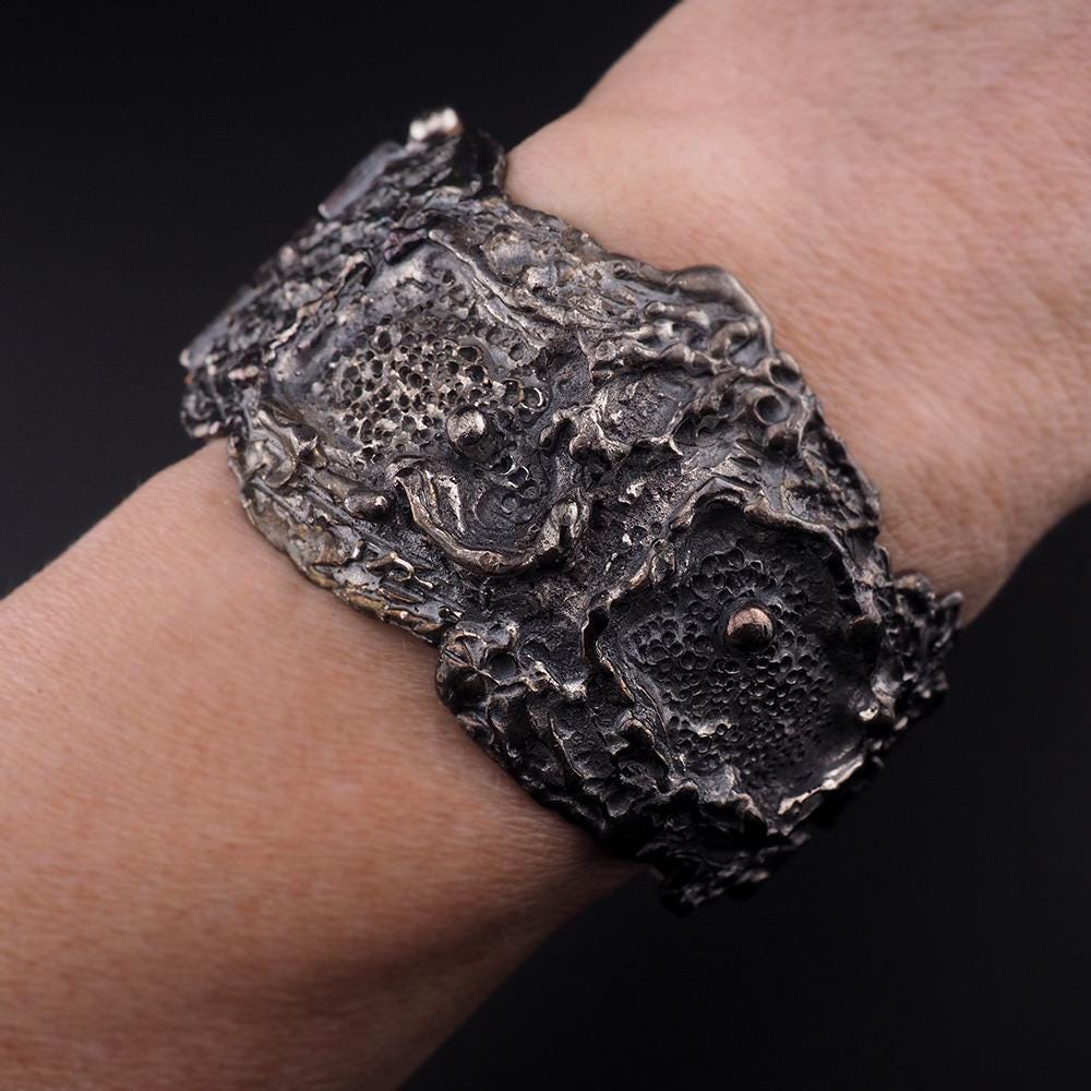 Vintage Guy Vidal Brutalist Pewter Wide Bracelet - Wild Organic Textured Modernist Statement Wrist Piece, Midcentury Canadian Jewelry