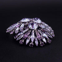 Vintage Sherman Signed Faux Alexandrite Rhinestone Brooch, Rhodium Plated, Layered Fan Design, Headlight Stones, Big Size