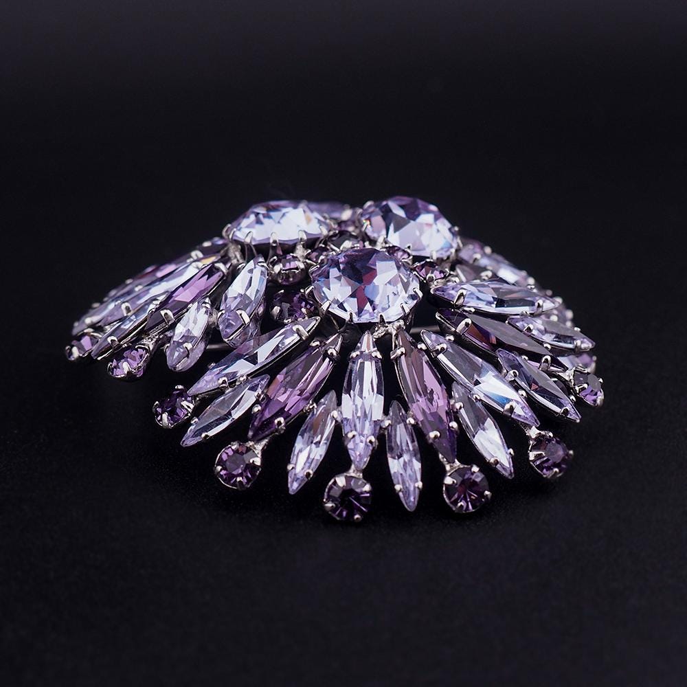 Vintage Sherman Signed Faux Alexandrite Rhinestone Brooch, Rhodium Plated, Layered Fan Design, Headlight Stones, Big Size