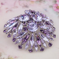 Vintage Sherman Signed Faux Alexandrite Rhinestone Brooch, Rhodium Plated, Layered Fan Design, Headlight Stones, Big Size