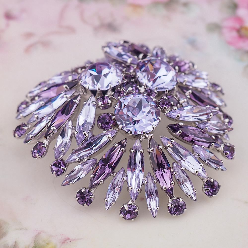 Vintage Sherman Signed Faux Alexandrite Rhinestone Brooch, Rhodium Plated, Layered Fan Design, Headlight Stones, Big Size