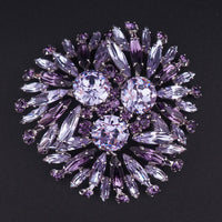 Vintage Sherman Signed Faux Alexandrite Rhinestone Brooch, Rhodium Plated, Layered Fan Design, Headlight Stones, Big Size
