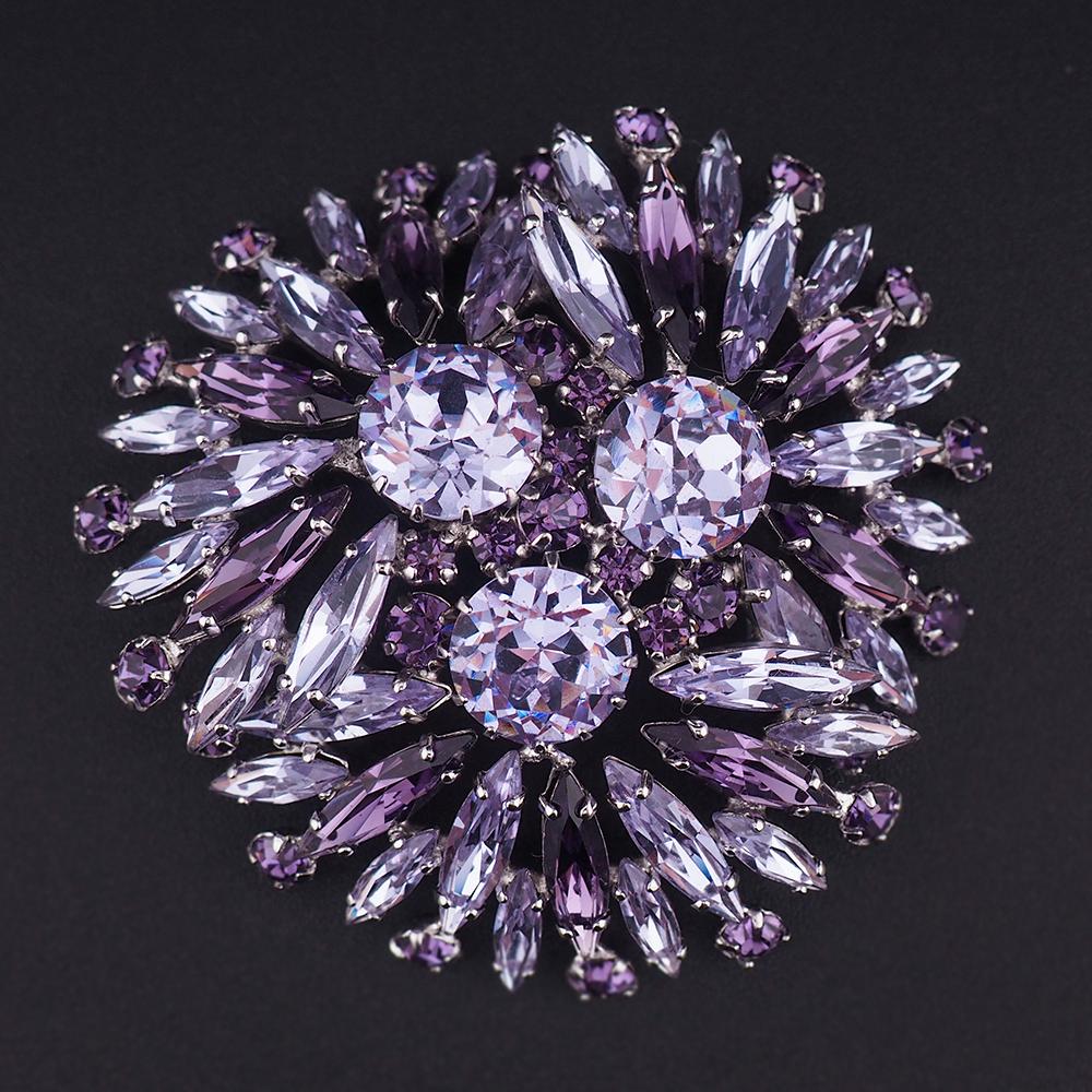 Vintage Sherman Signed Faux Alexandrite Rhinestone Brooch, Rhodium Plated, Layered Fan Design, Headlight Stones, Big Size