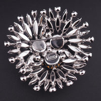 Vintage Sherman Signed Faux Alexandrite Rhinestone Brooch, Rhodium Plated, Layered Fan Design, Headlight Stones, Big Size