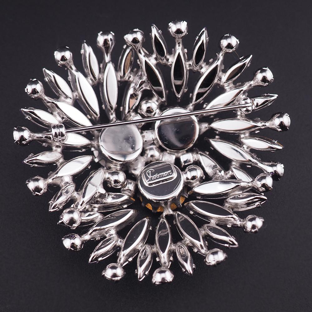 Vintage Sherman Signed Faux Alexandrite Rhinestone Brooch, Rhodium Plated, Layered Fan Design, Headlight Stones, Big Size