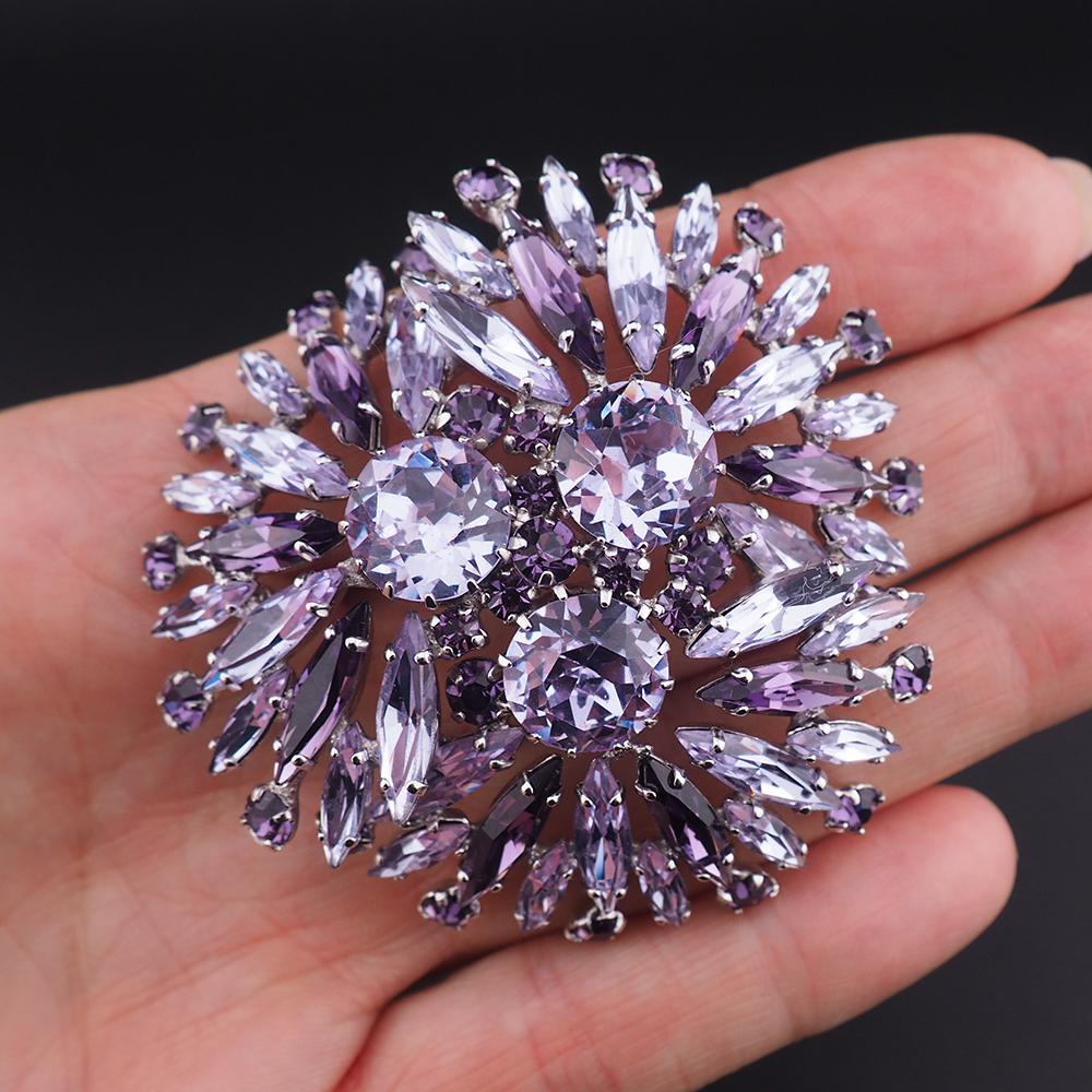 Vintage Sherman Signed Faux Alexandrite Rhinestone Brooch, Rhodium Plated, Layered Fan Design, Headlight Stones, Big Size
