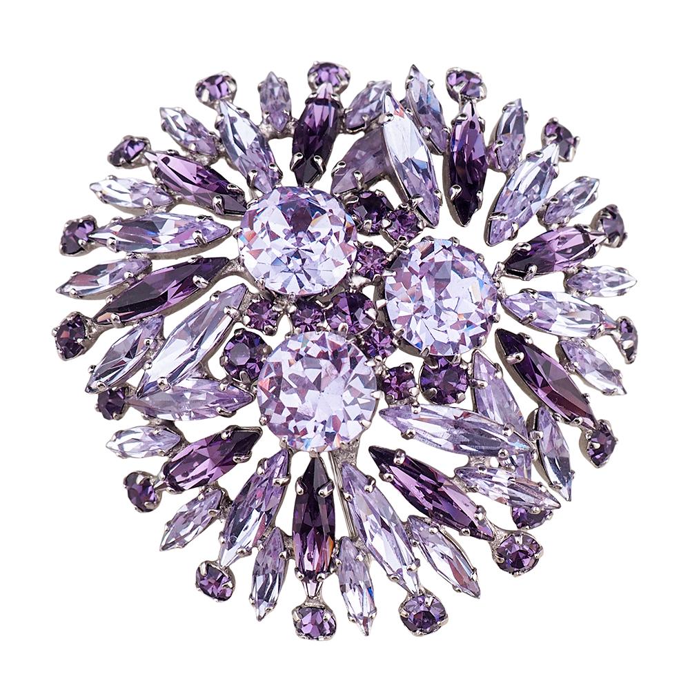 Vintage Sherman Signed Faux Alexandrite Rhinestone Brooch, Rhodium Plated, Layered Fan Design, Headlight Stones, Big Size