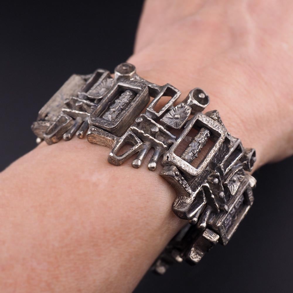 Vintage Guy Vidal Pewter Bracelet, Brutalist Modernist Jewelry, Midcentury Canadian Jewelry, Designer Statement Bracelet