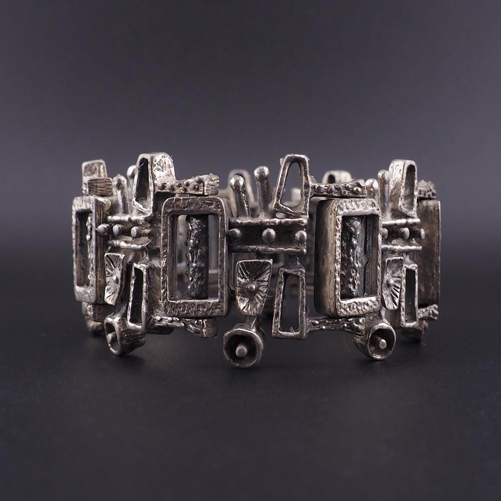 Vintage Guy Vidal Pewter Bracelet, Brutalist Modernist Jewelry, Midcentury Canadian Jewelry, Designer Statement Bracelet