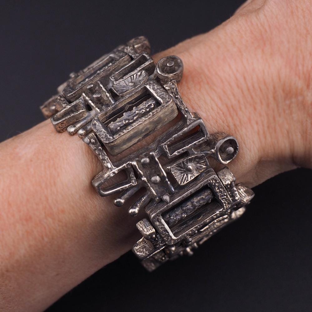 Vintage Guy Vidal Pewter Bracelet, Brutalist Modernist Jewelry, Midcentury Canadian Jewelry, Designer Statement Bracelet