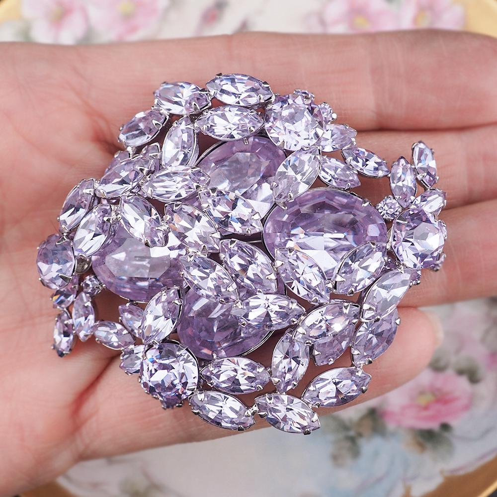 Vintage Sherman Faux Alexandrite Rhinestone Brooch, Rhodium Plated, Lavender Rhinestone Brooch, Vintage Sherman Jewelry, Purple Crystal Pin