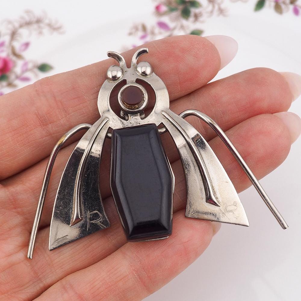 Vintage Bakelite Bug Brooch, Figural Insect Pin, Silver Tone Vintage Pin, Bakelite Jewelry, Garden Lover Gift