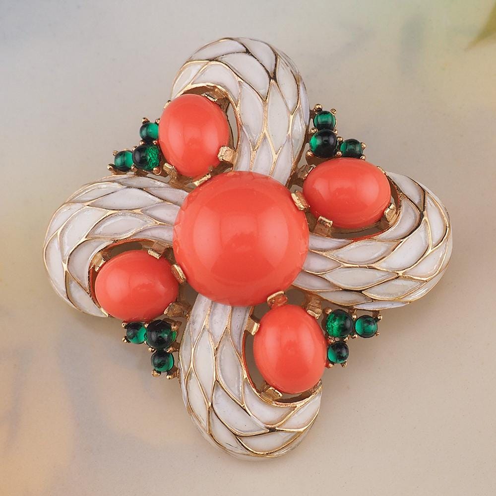 Vintage Trifari L'Orient Jewels Brooch, White Enamel Pin, Faux Coral and Emerald Cabochons, Signed Designer Jewelry, Eastern-Inspired Design