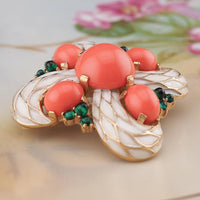 Vintage Trifari L'Orient Jewels Brooch, White Enamel Pin, Faux Coral and Emerald Cabochons, Signed Designer Jewelry, Eastern-Inspired Design