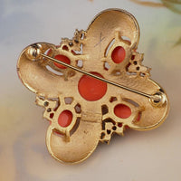Vintage Trifari L'Orient Jewels Brooch, White Enamel Pin, Faux Coral and Emerald Cabochons, Signed Designer Jewelry, Eastern-Inspired Design