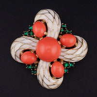 Vintage Trifari L'Orient Jewels Brooch, White Enamel Pin, Faux Coral and Emerald Cabochons, Signed Designer Jewelry, Eastern-Inspired Design