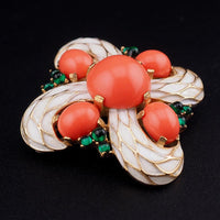 Vintage Trifari L'Orient Jewels Brooch, White Enamel Pin, Faux Coral and Emerald Cabochons, Signed Designer Jewelry, Eastern-Inspired Design
