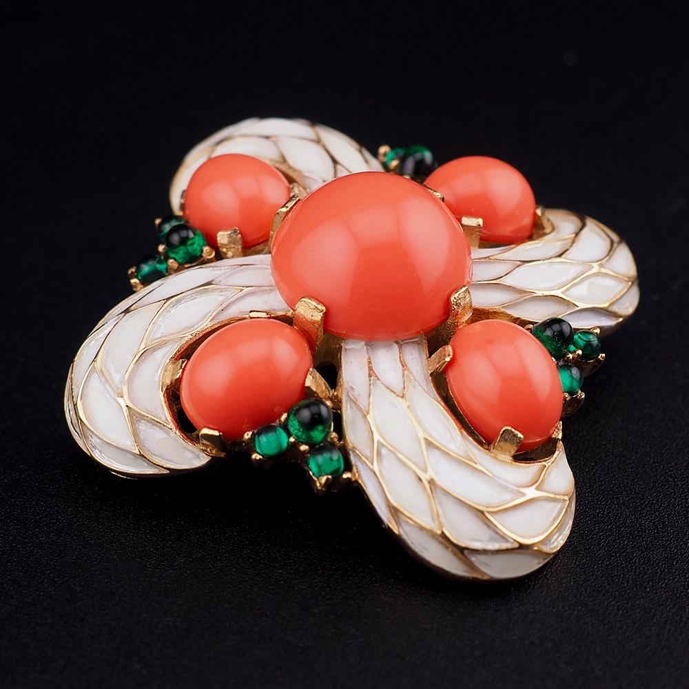 Vintage Trifari L'Orient Jewels Brooch, White Enamel Pin, Faux Coral and Emerald Cabochons, Signed Designer Jewelry, Eastern-Inspired Design