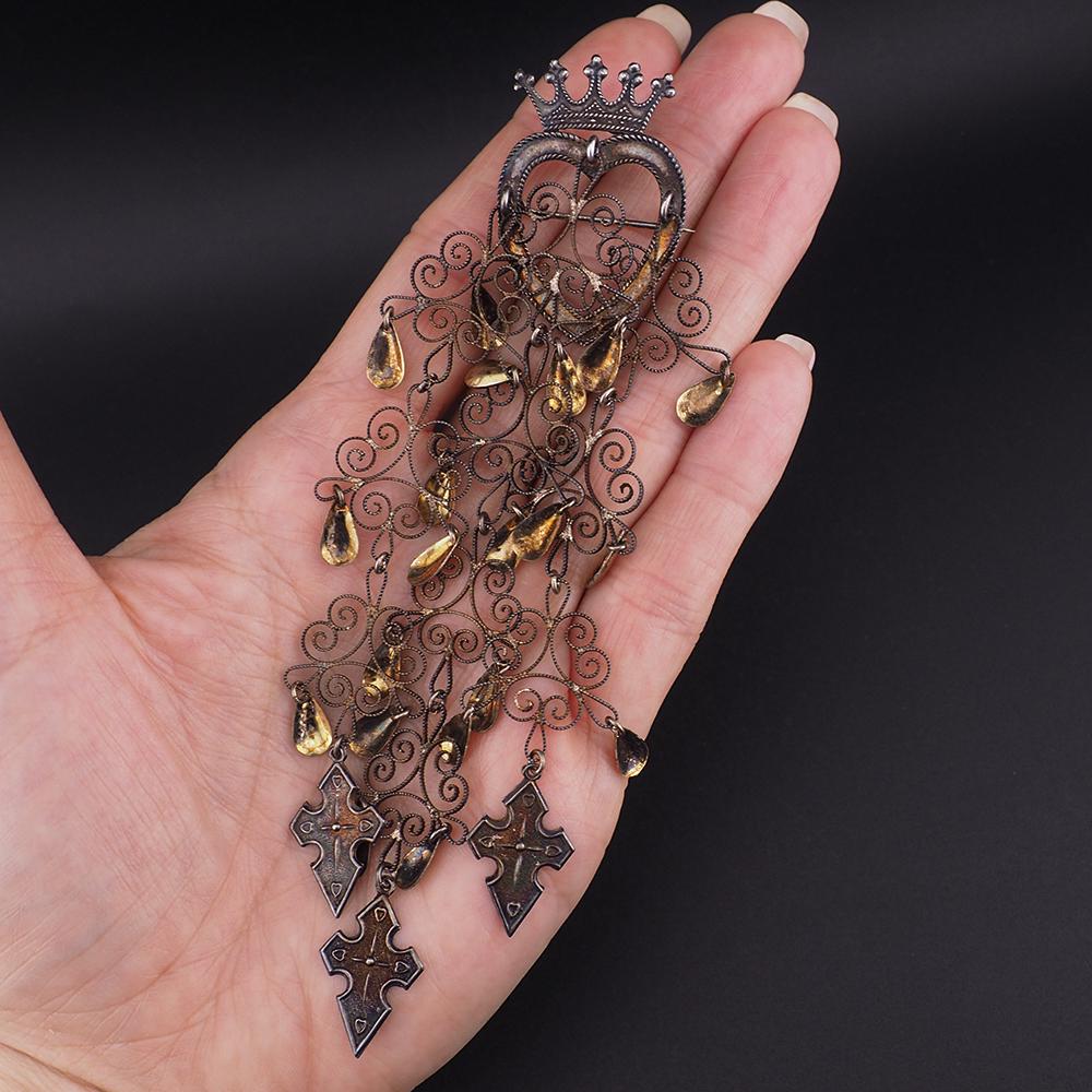 Vintage Norwegian Sølje Brooch, 5.5" Vermeil Filigree Bunad Brooch, Crowned Heart, Cross Dangles, Traditional Bridal Jewelry
