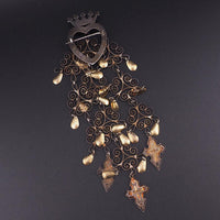 Vintage Norwegian Sølje Brooch, 5.5" Vermeil Filigree Bunad Brooch, Crowned Heart, Cross Dangles, Traditional Bridal Jewelry