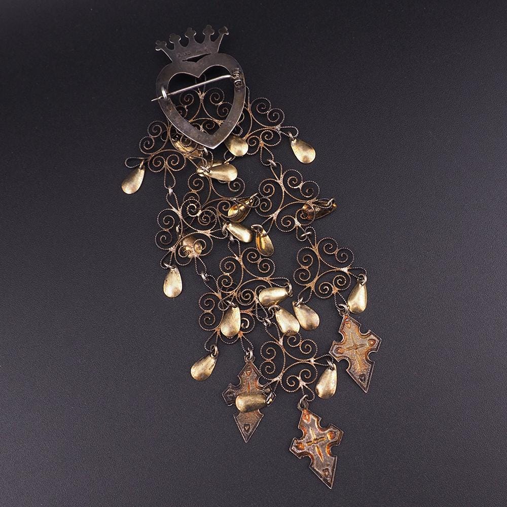 Vintage Norwegian Sølje Brooch, 5.5" Vermeil Filigree Bunad Brooch, Crowned Heart, Cross Dangles, Traditional Bridal Jewelry