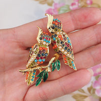 Vintage D'Orlan Buried Treasure Bird Brooch, Signed Colorful Rhinestone Birds on Branch Pin, Collectible Designer Jewelry, Gold Plated