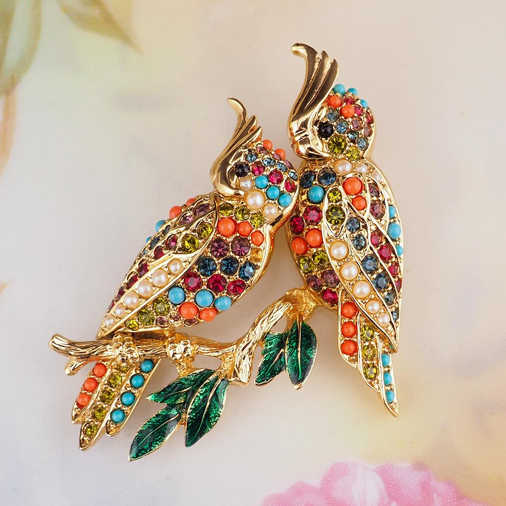 Vintage D'Orlan Buried Treasure Bird Brooch, Signed Colorful Rhinestone Birds on Branch Pin, Collectible Designer Jewelry, Gold Plated