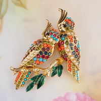 Vintage D'Orlan Buried Treasure Bird Brooch, Signed Colorful Rhinestone Birds on Branch Pin, Collectible Designer Jewelry, Gold Plated