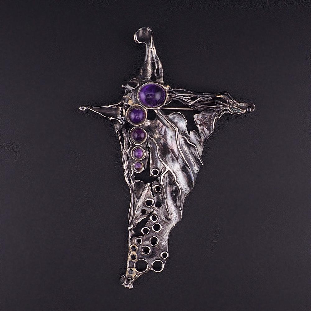 Dramatic Modernist Brooch - Porans Sterling Silver Amethyst - Bold Abstract Israeli Statement Pin