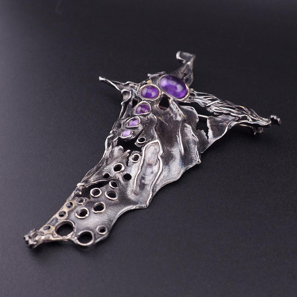 Dramatic Modernist Brooch - Porans Sterling Silver Amethyst - Bold Abstract Israeli Statement Pin