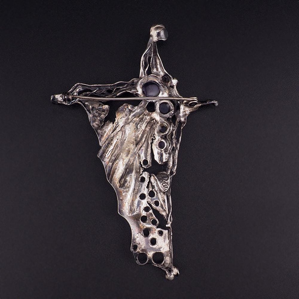 Dramatic Modernist Brooch - Porans Sterling Silver Amethyst - Bold Abstract Israeli Statement Pin
