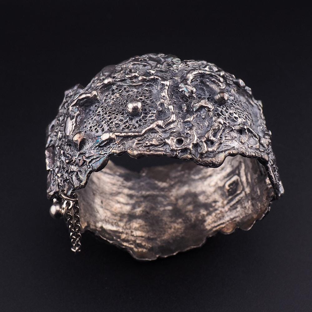 Vintage Guy Vidal Brutalist Pewter Wide Bracelet - Wild Organic Textured Modernist Statement Wrist Piece, Midcentury Canadian Jewelry